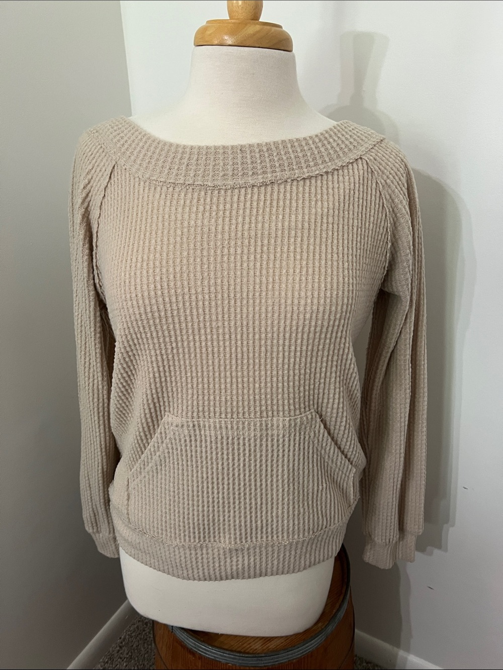 Promesa Neutral Waffle-Knit Scoop Neck Sweater - Beige